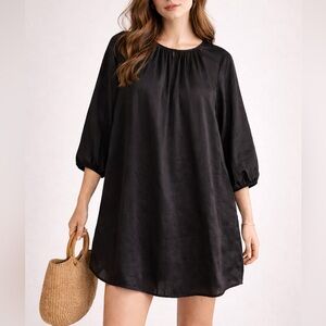 Aritzia Wilfred Silk Trim Oversized Shift Dress Blk| Balloon Tunic | 3/4 Sleeve